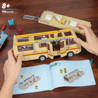 Yellow Rvs Building Block Set,Upgraded Creative yellow bus Building Brick,Classic Camper Van gift Toy Suitable for Birthday Gifts, Movie Fans Collection,For aged 12 and above,Stress relief toy,986 Pieces car building perfect christmas