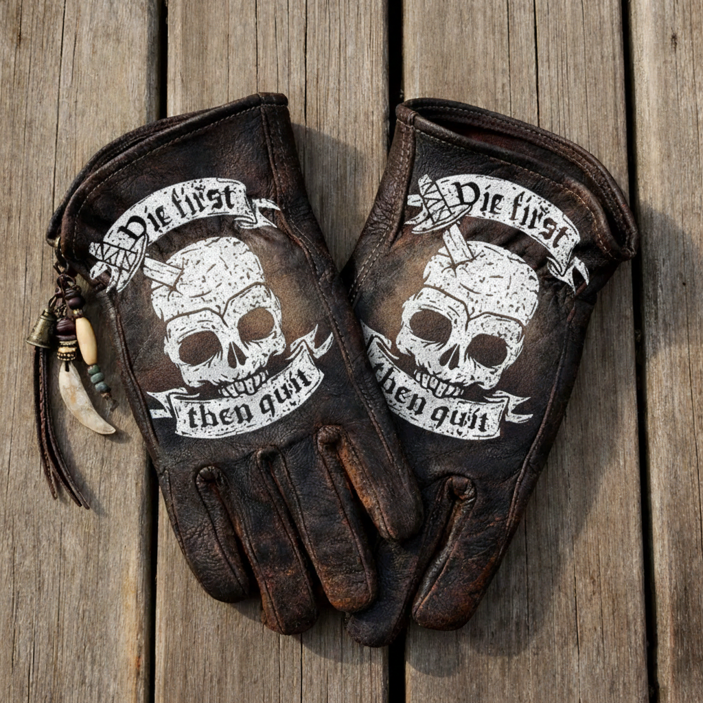 Vintage Distressed Leather Skull Graphic Biker Riding Work Gloves