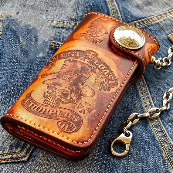 Vintage Rocker Skull Embossed Genuine Leather Long Biker Wallet