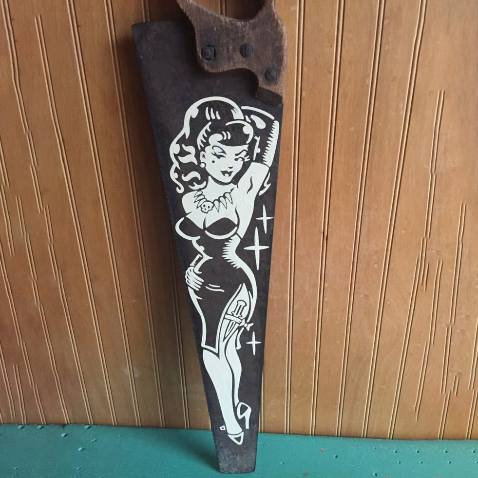 Vintage Rockabilly Pinup Girl Hand Painted Antique Hand Saw