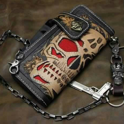 Gothic Punk 3D Skull Carved Leather Long Chain Wallet