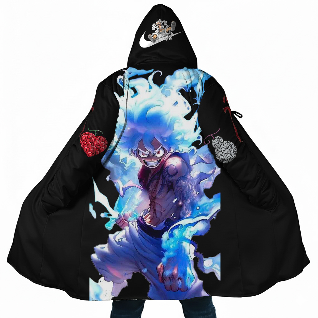 Streetwear Anime Gear 5 Luffy Flame Graphic Winter Hooded Cloak (