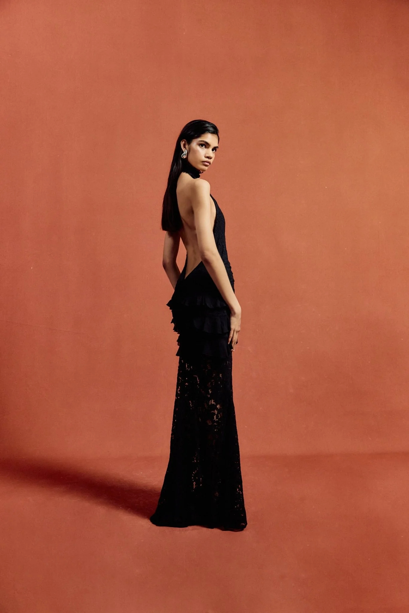 Adela Deep V halter neck lace maxi dress