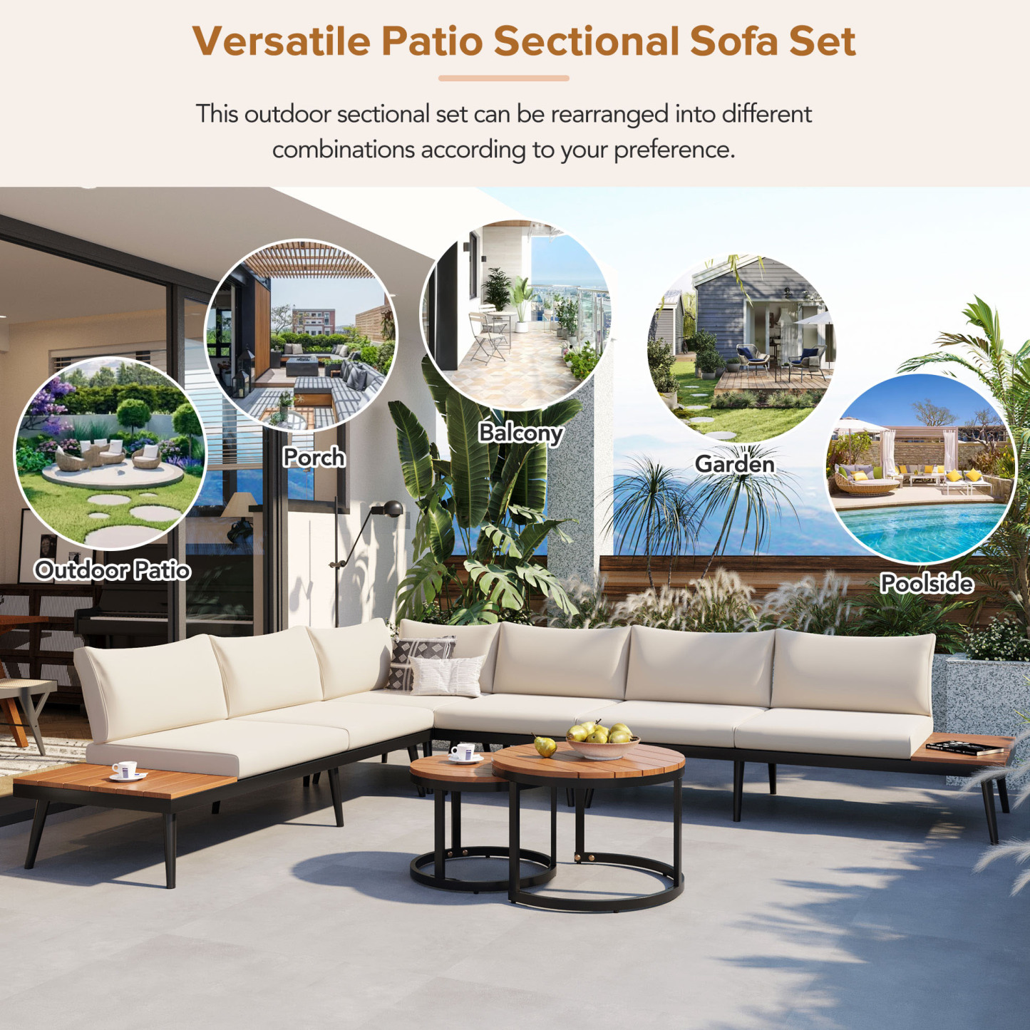 TREXM 6-Piece Outdoor Sectional Sofa Set with Round Nesting Coffee Tables and Seating Sofa with Cushions for Patio, Porch and Garden (Beige)