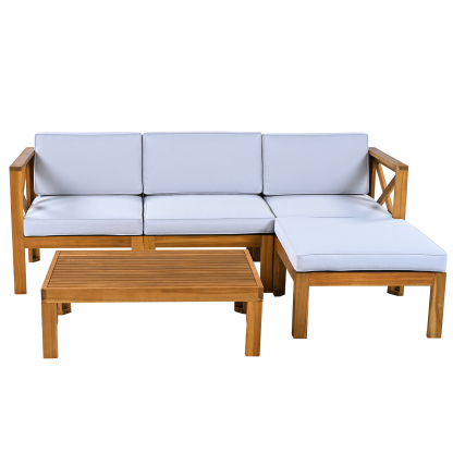 Outdoor Backyard Patio Wood 5-Piece Sectional Sofa Seating Group Set with Cushions, Natural Finish+ Gray Cushions