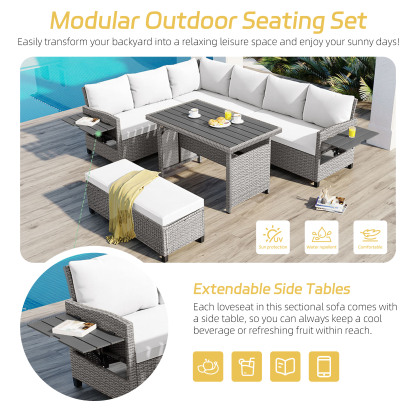 TOMAX 5-Piece Outdoor Patio Rattan Sofa Set, Sectional PE Wicker L-Shaped Garden Furniture Set with 2 Extendable Side Tables, Dining Table and Washable Covers for Backyard, Poolside, Indoor, White