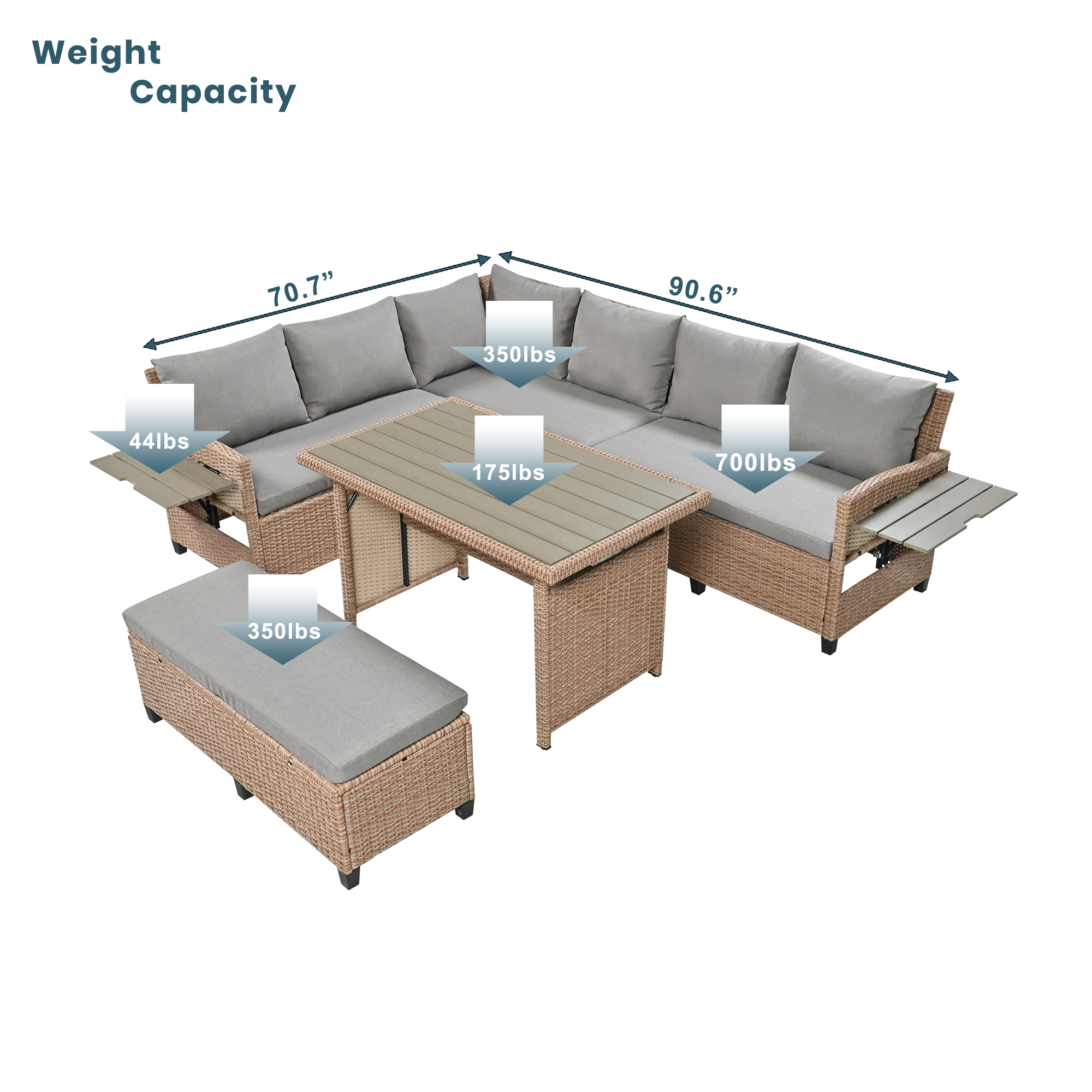 TOMAX 5-Piece Outdoor Patio Rattan Sofa Set, Sectional PE Wicker L-Shaped Garden Furniture Set with 2 Extendable Side Tables, Dining Table and Washable Covers for Backyard, Poolside, Indoor, Brown