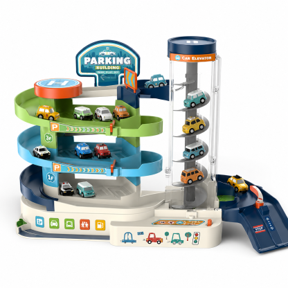 Kids Parking Garage Toy with Electric Car Elevator, Manual & Automatic Vehicle Track Playset, Multi-Level Parking Building with Mini Cars
