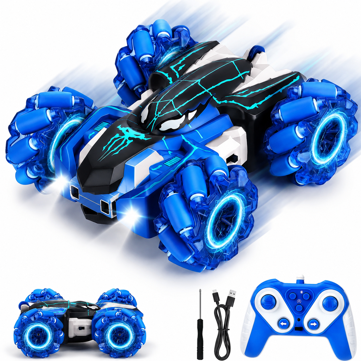 4WD RC Stunt Car 2.4GHz Remote Control Drift Vehicle with 360° Rotation, Double-Sided Driving, LED Lights, Rechargeable Off-Road Toy for Kids