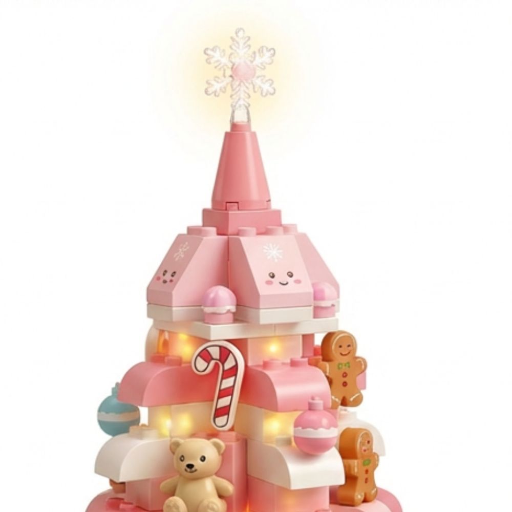 Pink Crystal Christmas Tree Building Block Set Music Box with LED Light Rotating Xmas Bricks Toy for Girls Ages 6+ Musical Blocks Toy