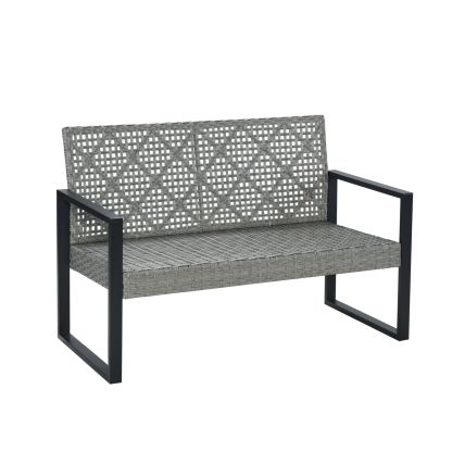 4-Piece Patio Furniture Set Outdoor Balcony Porch Garden Backyard Lawn Furniture Gray Acacia Wood Table Top, Blue Cushion and Light Gray rattan