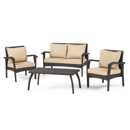 4PC PE Wicker Set Outdoor Seating in Brown and Tan with Iron Frame and Waterproof Fabric