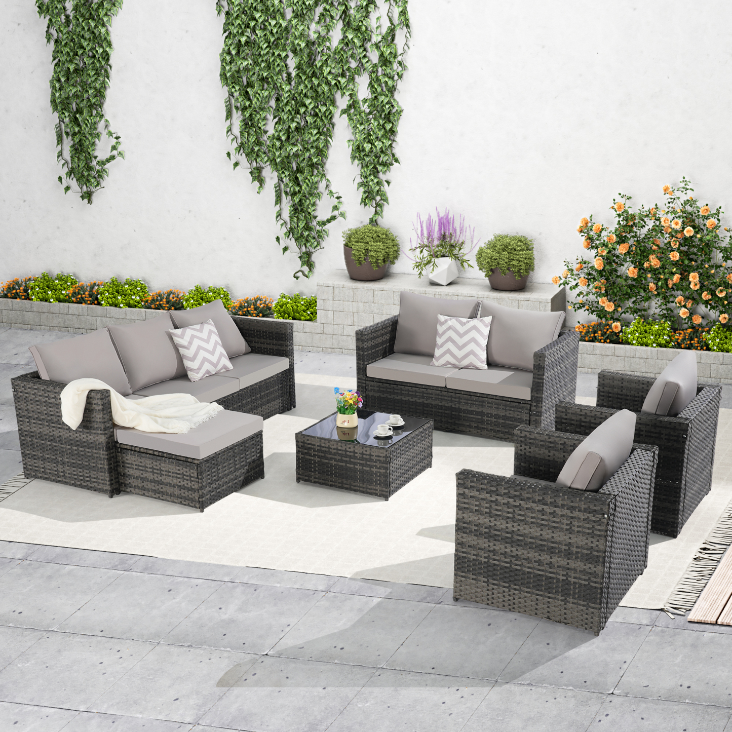 6 Piece Patio Furniture Set,Outdoor Wicker Rattan Sofa Conversation Set All Weather Patio Sectional Sofa Set with Glass Table, Cushions and Pillows for Garden, Backyard
