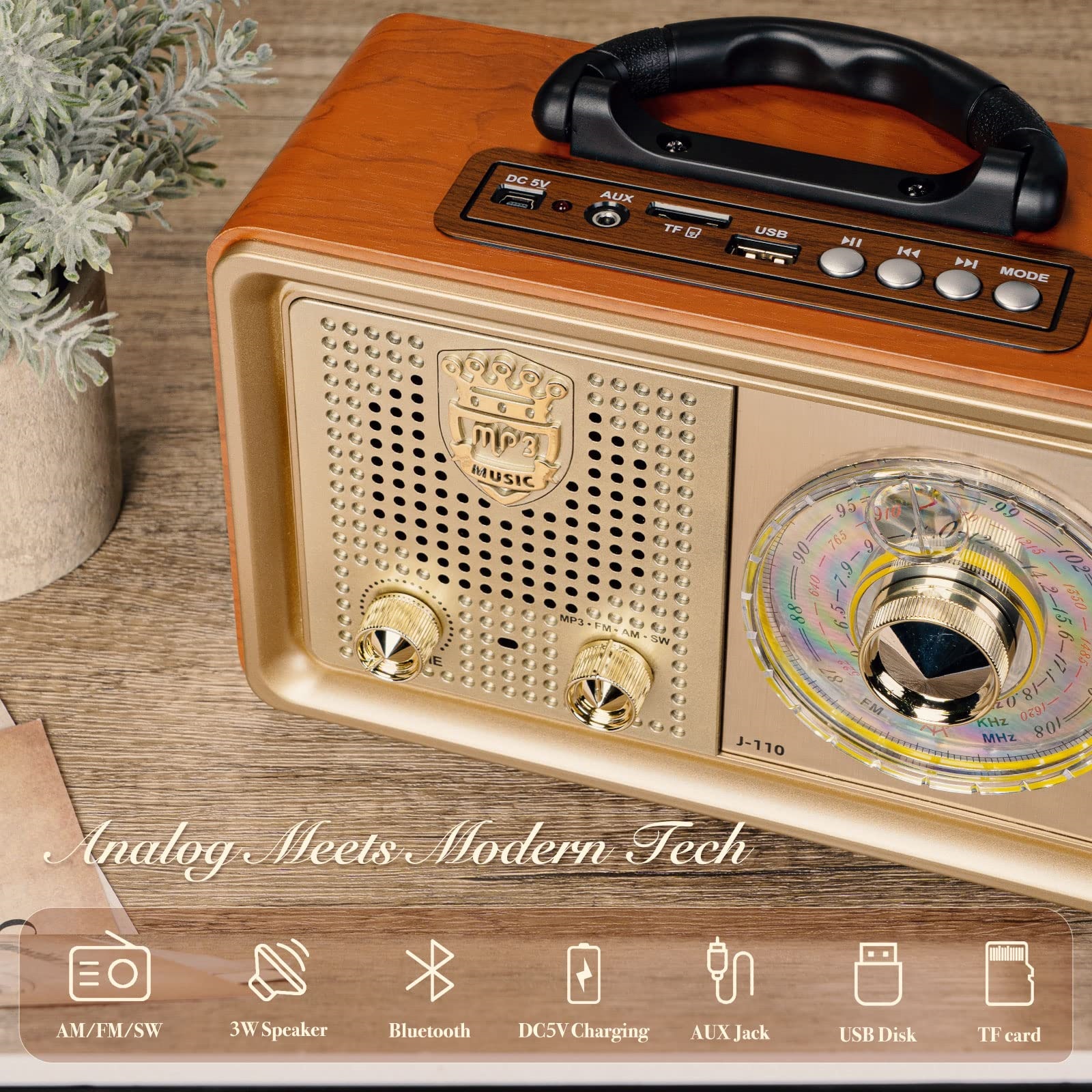 Portable Radio Retro AM FM Shortwave Transistor Bluetooth Speaker Battery 3 Way AC Power AUX TF Card USB Home Outdoor Gift Sound Entertainment