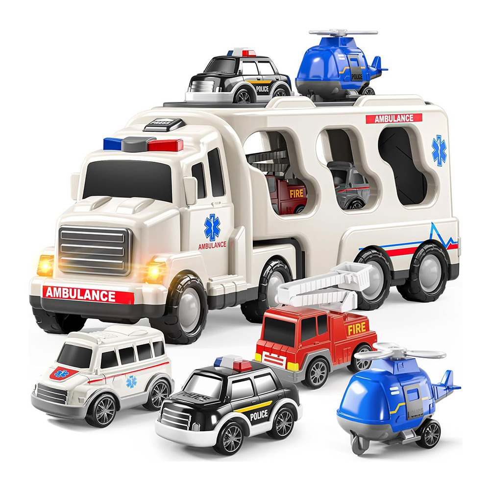 Emergency Rescue Vehicle Toddler Truck Toys 7in1 Friction Power Cars Helicopter Police Car Fire Truck Ambulance Cars Gifts for Kids Age 3+