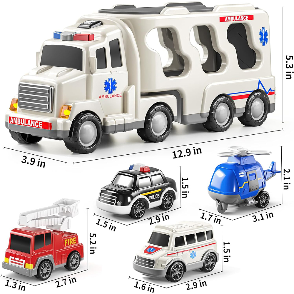 Emergency Rescue Vehicle Toddler Truck Toys 7in1 Friction Power Cars Helicopter Police Car Fire Truck Ambulance Cars Gifts for Kids Age 3+