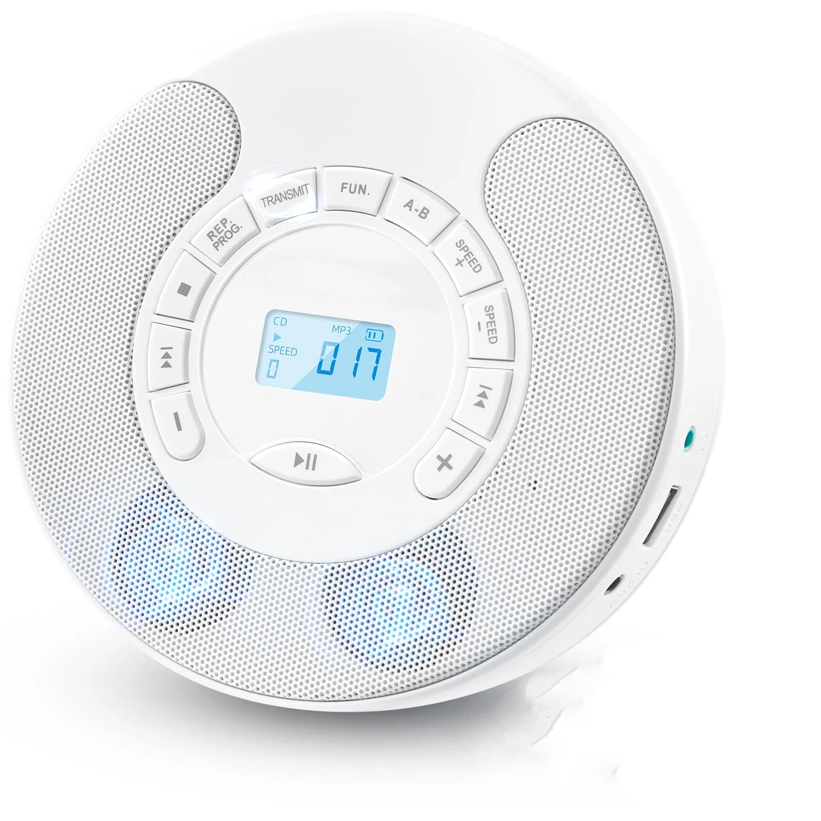 Portable CD Player Rechargeable MP3 Dual Bluetooth Speakers LCD Display Car Home AUX USB White Audio Entertainment