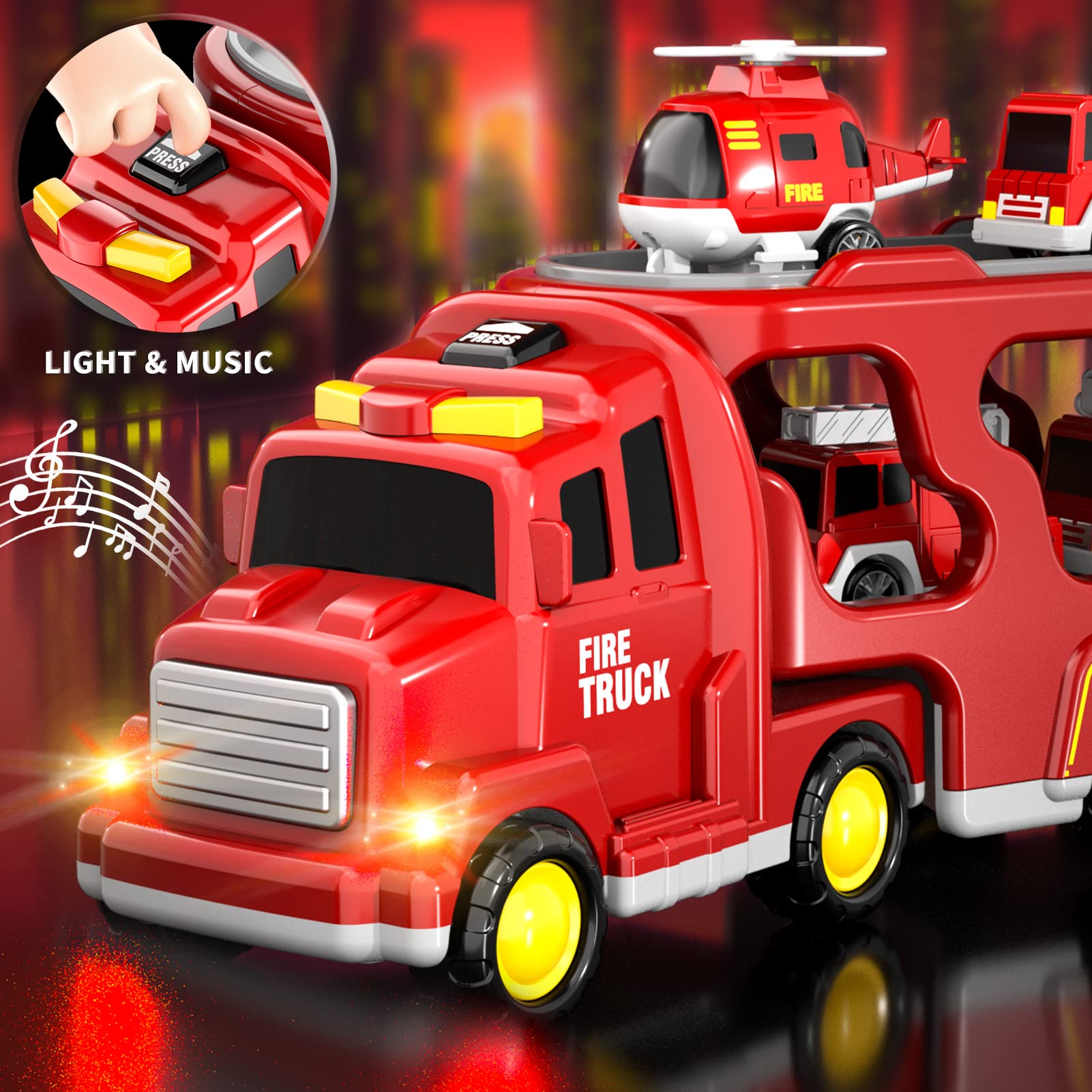 Fire Truck Toy 5 in 1 Toddlers Lights Sounds Imaginative Play Educational Christmas Birthday Gift Kids Vehicle Set