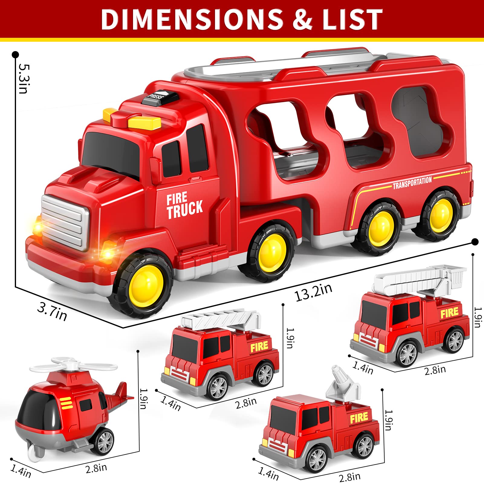 Fire Truck Toy 5 in 1 Toddlers Lights Sounds Imaginative Play Educational Christmas Birthday Gift Kids Vehicle Set