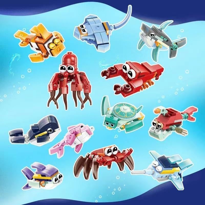 Advent Calendar, 12 Small Animals and 12 Sea Animals Clamping Blocks Set, 24 Animals Model Kit, Christmas Calendar Children, Animals Model Kit