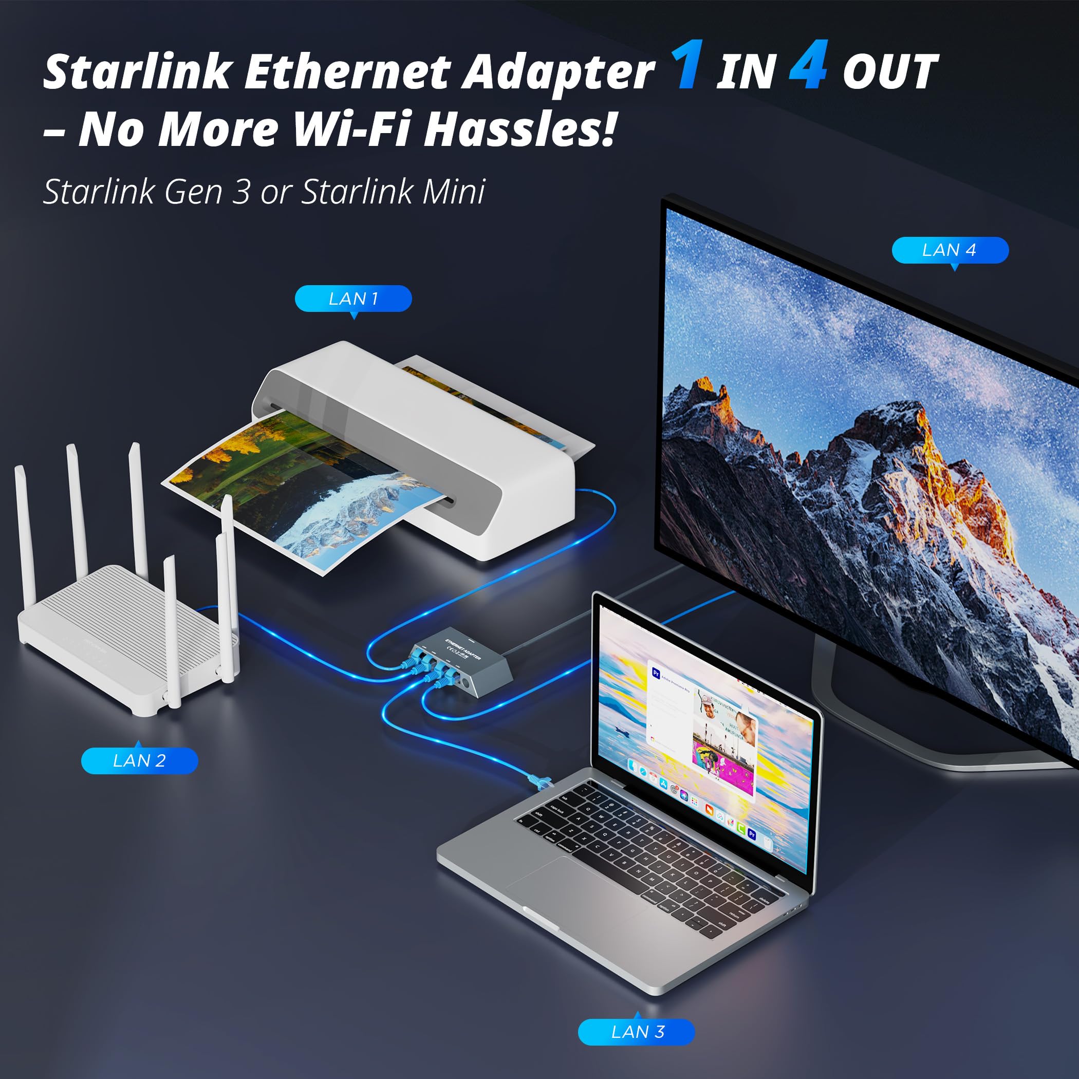 4-Port Ethernet Adapter for Starlink Gen 3 / Mini – Connect Up to 4 Devices for Wired External Network,4 Ports Starlink Ethernet Adapter 1 to 4 Up to 1 Gbps