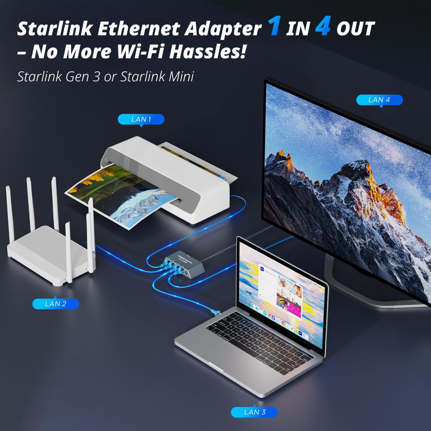 4-Port Ethernet Adapter for Starlink Gen 3 / Mini – Connect Up to 4 Devices for Wired External Network,4 Ports Starlink Ethernet Adapter 1 to 4 Up to 1 Gbps