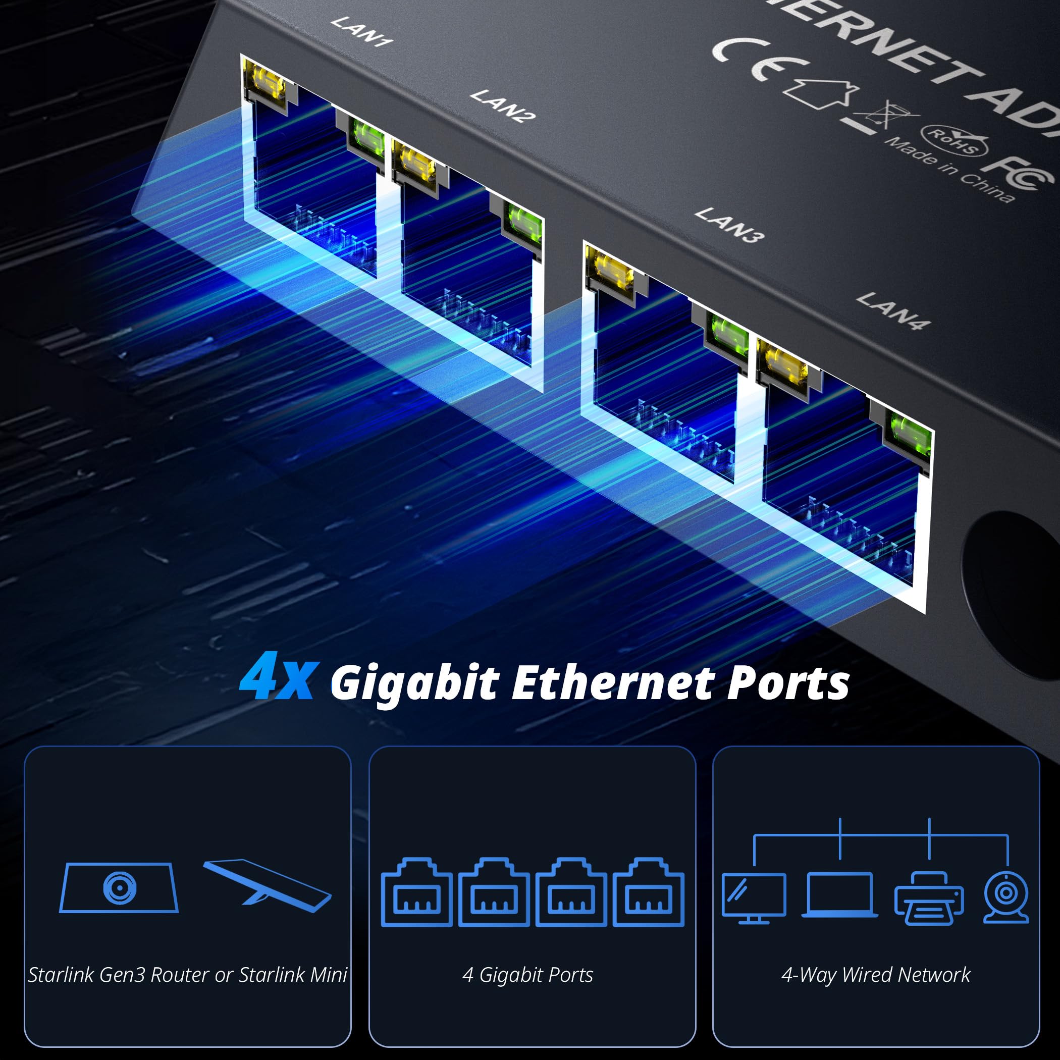 4-Port Ethernet Adapter for Starlink Gen 3 / Mini – Connect Up to 4 Devices for Wired External Network,4 Ports Starlink Ethernet Adapter 1 to 4 Up to 1 Gbps