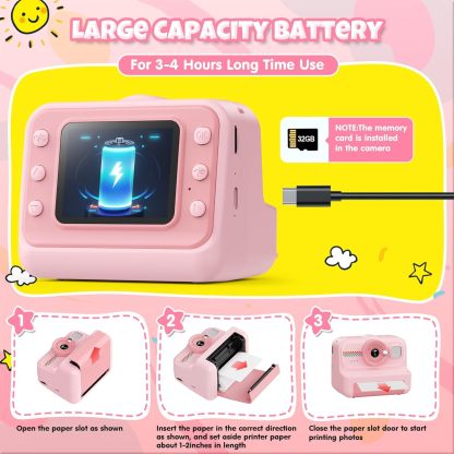 Kids Instant Print Camera, 1080P HD Kids Camera Instant Print with 3 Rolls Print Paper and 32GB Card for Boys and Girls Age 3 to 14, Pink