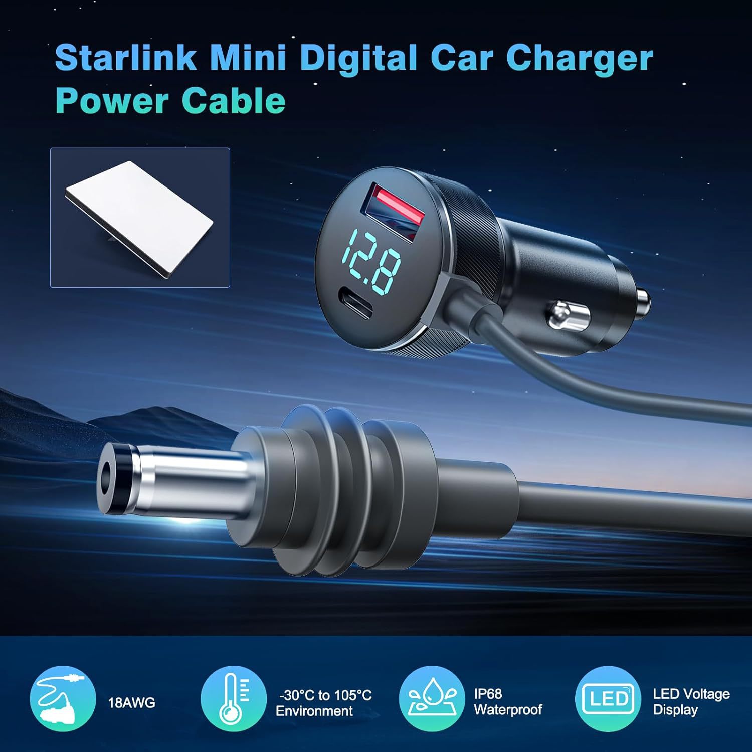 Starlink Mini DC Power Cable, Digital Display Car Charger for Satellite Mini, 18AWG V4Power Supply Cord Accessories Kit