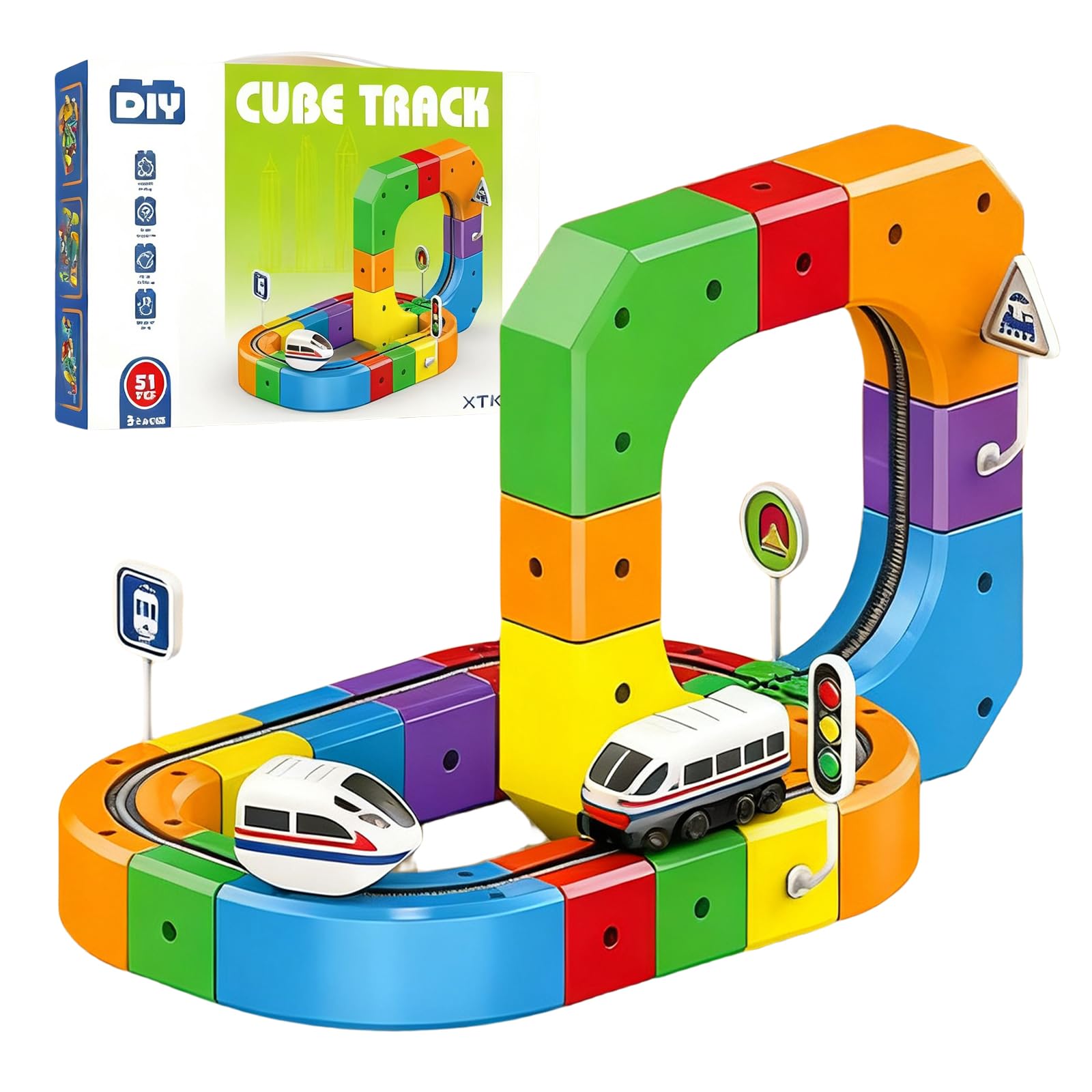 3D Anti-Gravity STEM Building Toy Train Track Set Rail Train Set 51 Pcs Motorized Electric Race Car & Montessori Sensory Blocks Christmas Birthday Gif