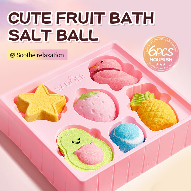 Bath Salt Balls 6PCS Fruit Shape Body Cleanse Skin Care Shower Kids Toy Easter Birthday Gift Spa set COL Mixed