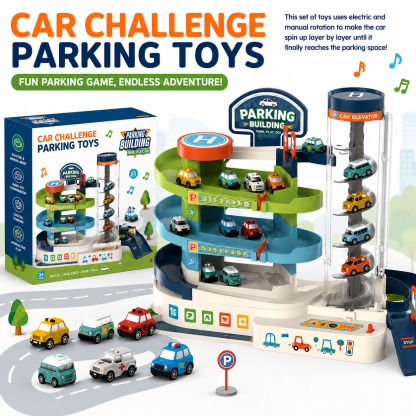 Kids Parking Garage Toy with Electric Car Elevator, Manual & Automatic Vehicle Track Playset, Multi-Level Parking Building with Mini Cars