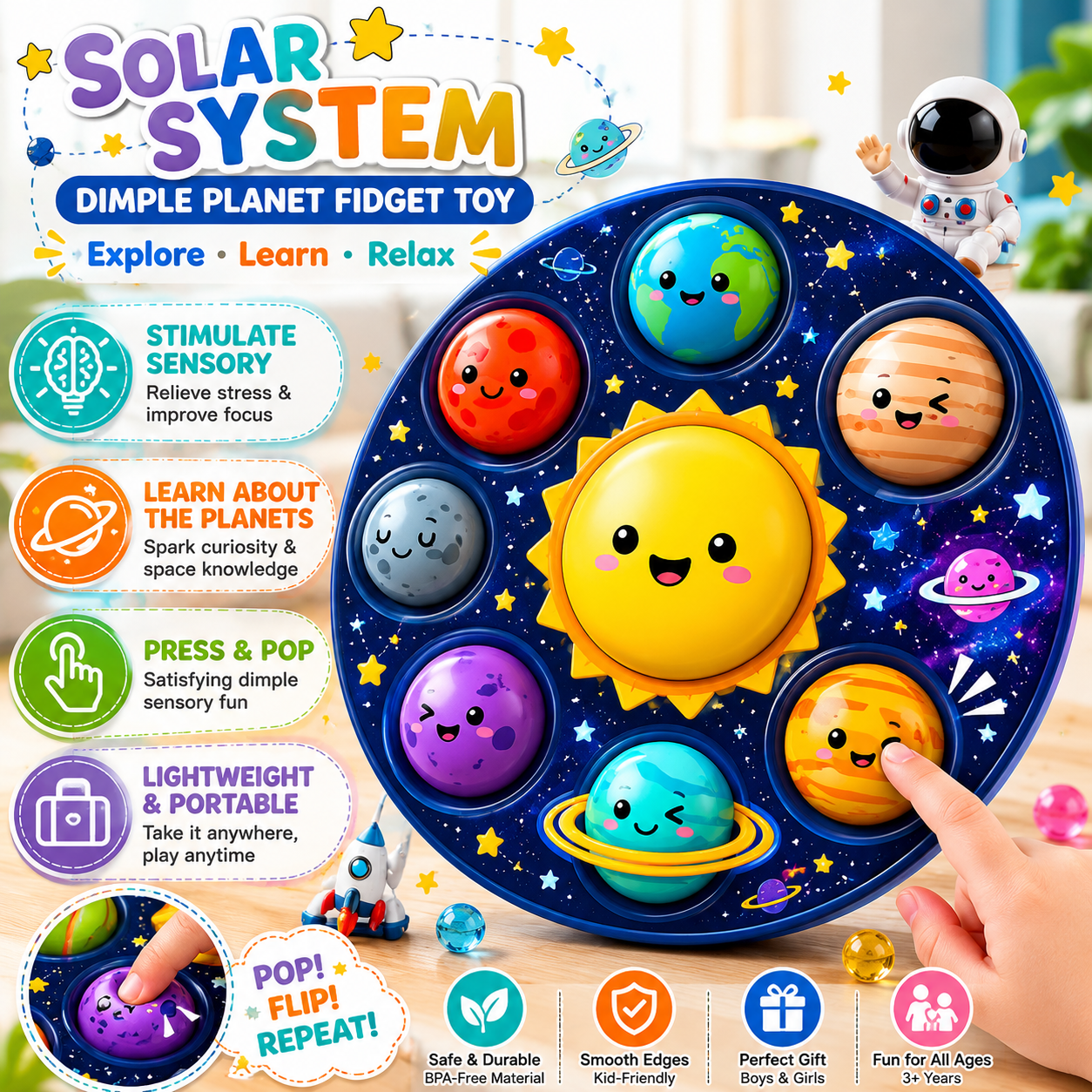 Solar System Dimple Fidget Toy for Kids, Jumbo Pop Sensory Toy with Planet Design, Space & Astronomy Educational Gift for Boys & Girls