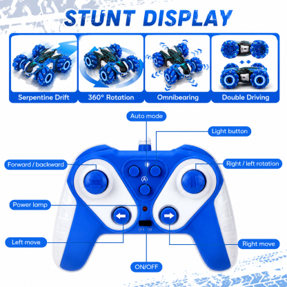 4WD RC Stunt Car 2.4GHz Remote Control Drift Vehicle with 360° Rotation, Double-Sided Driving, LED Lights, Rechargeable Off-Road Toy for Kids