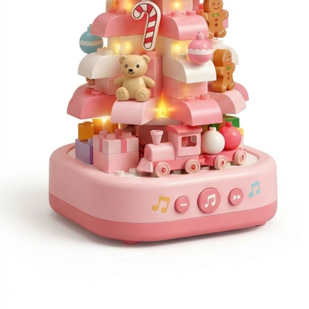 Pink Crystal Christmas Tree Building Block Set Music Box with LED Light Rotating Xmas Bricks Toy for Girls Ages 6+ Musical Blocks Toy