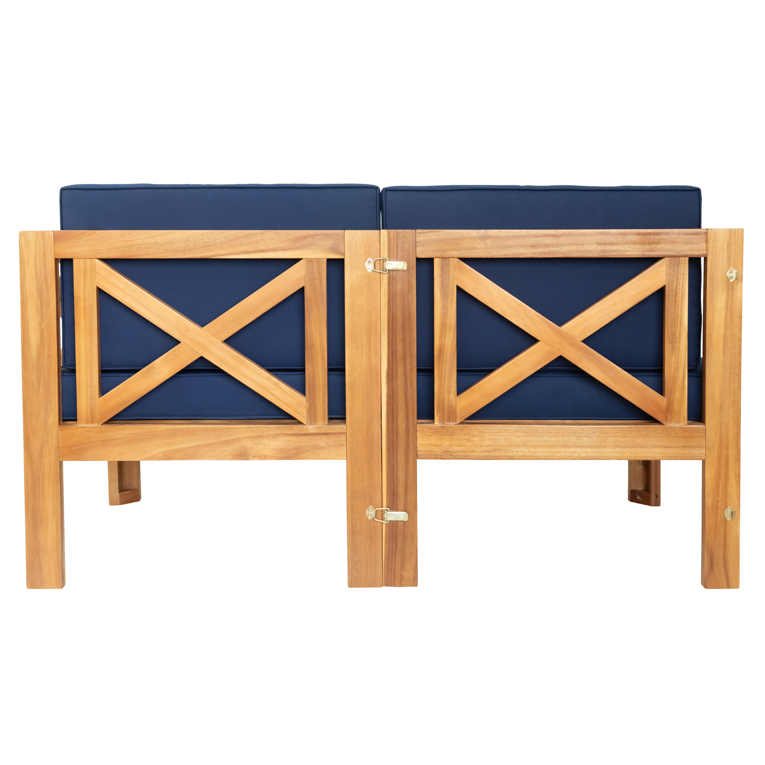 Outdoor Backyard Patio Wood 5-Piece Sectional Sofa Seating Group Set with Cushions, Natural Finish+ Blue Cushions