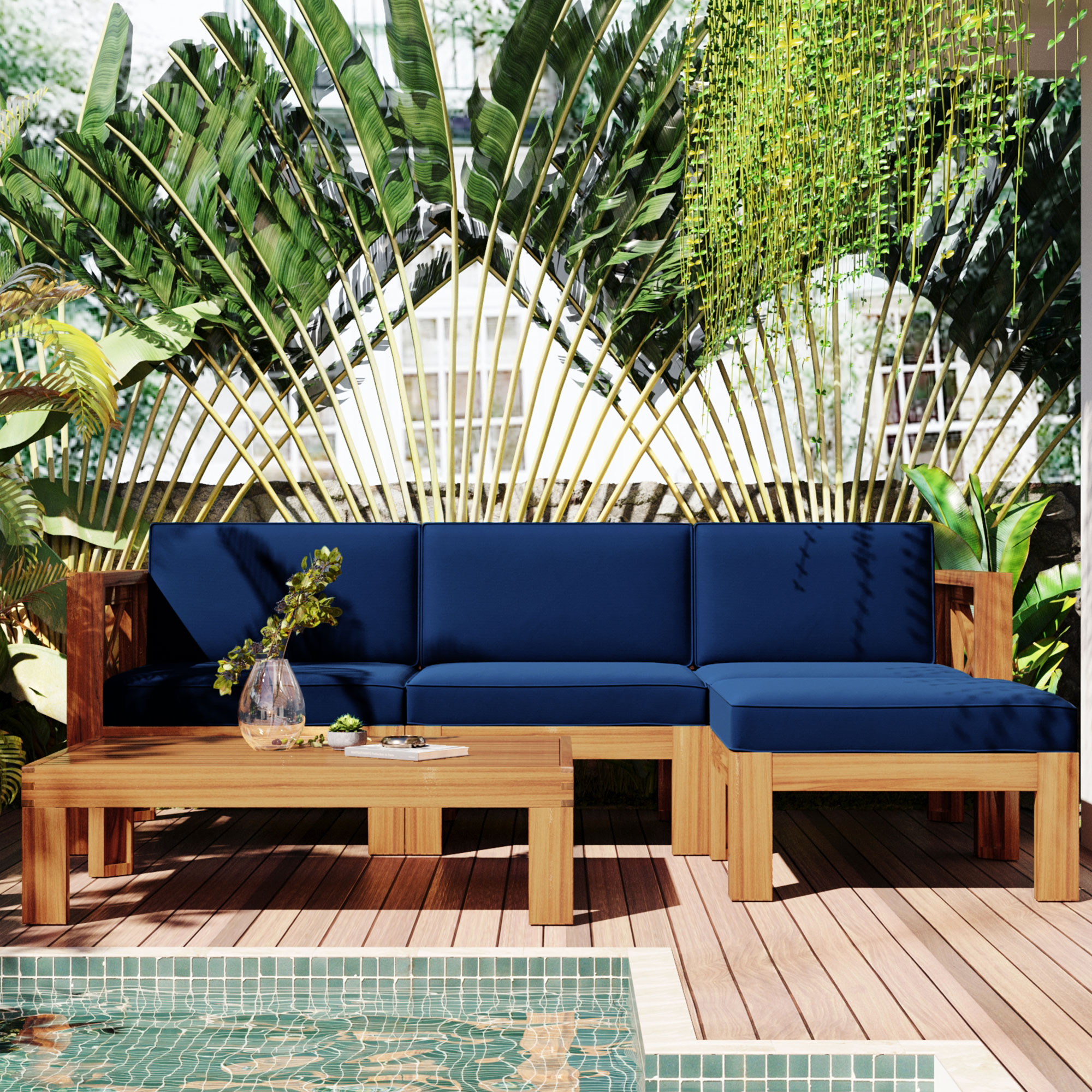 Outdoor Backyard Patio Wood 5-Piece Sectional Sofa Seating Group Set with Cushions, Natural Finish+ Blue Cushions