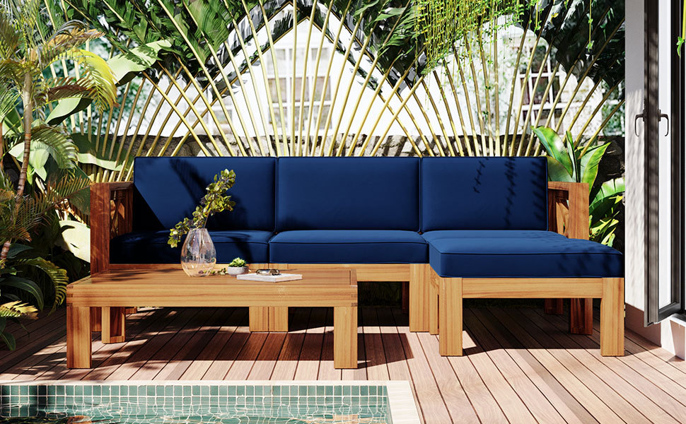 Outdoor Backyard Patio Wood 5-Piece Sectional Sofa Seating Group Set with Cushions, Natural Finish+ Blue Cushions