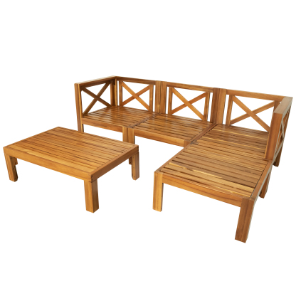 Outdoor Backyard Patio Wood 5-Piece Sectional Sofa Seating Group Set with Cushions, Natural Finish+ Beige Cushions