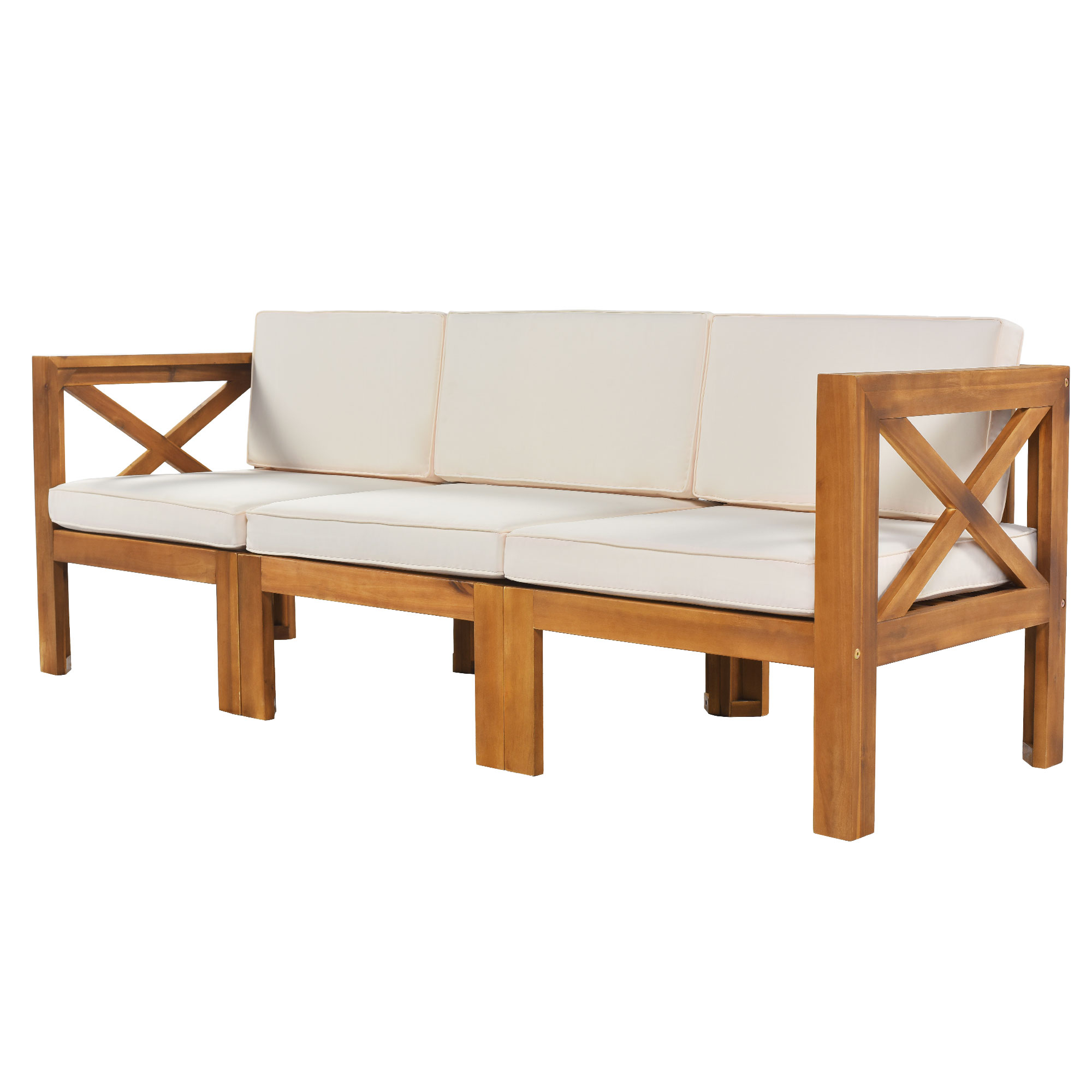 Outdoor Backyard Patio Wood 5-Piece Sectional Sofa Seating Group Set with Cushions, Natural Finish+ Beige Cushions
