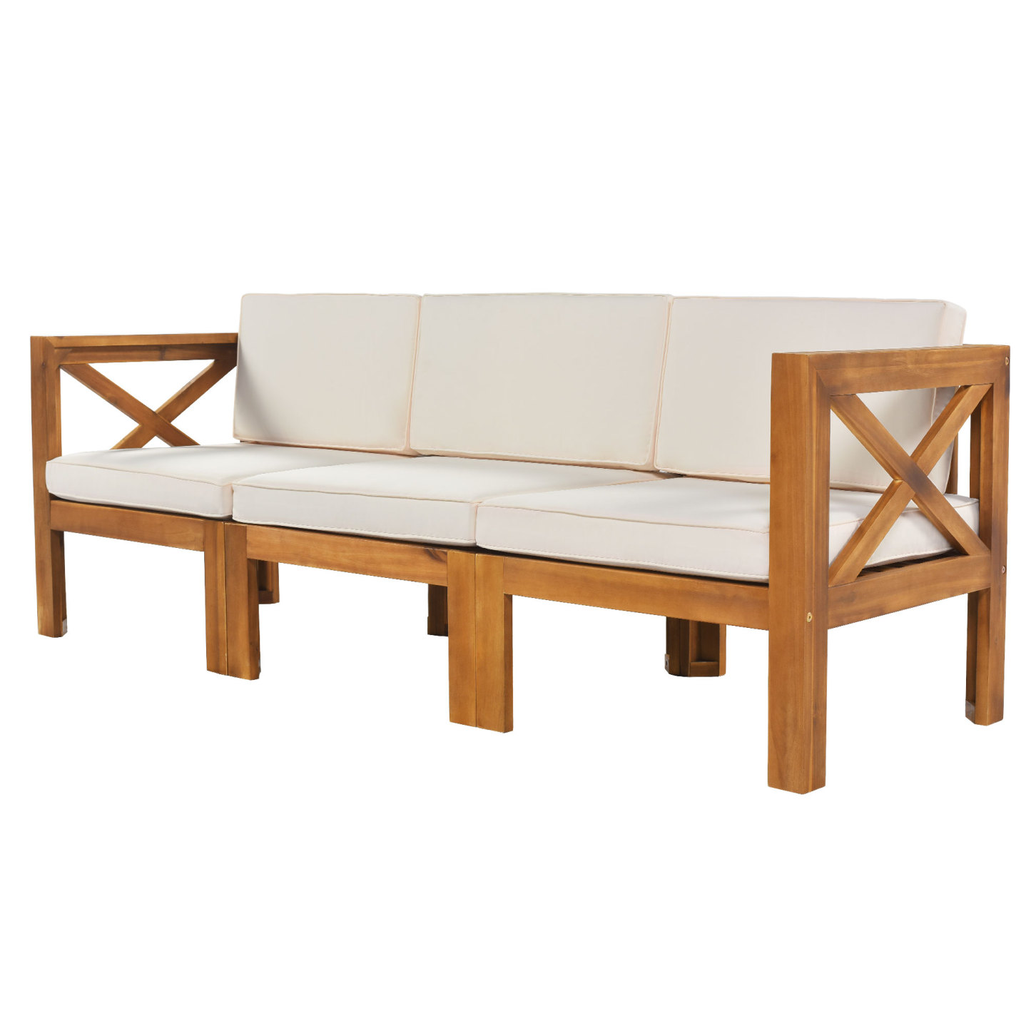 Outdoor Backyard Patio Wood 5-Piece Sectional Sofa Seating Group Set with Cushions, Natural Finish+ Beige Cushions