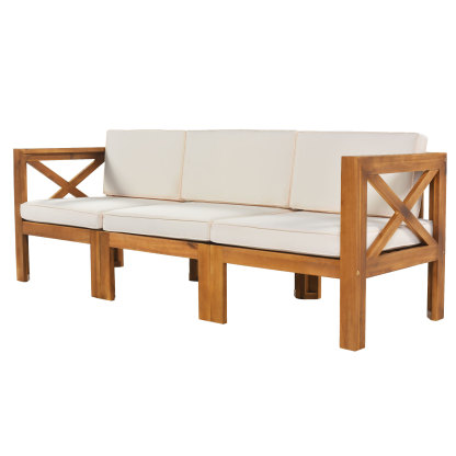 Outdoor Backyard Patio Wood 5-Piece Sectional Sofa Seating Group Set with Cushions, Natural Finish+ Beige Cushions