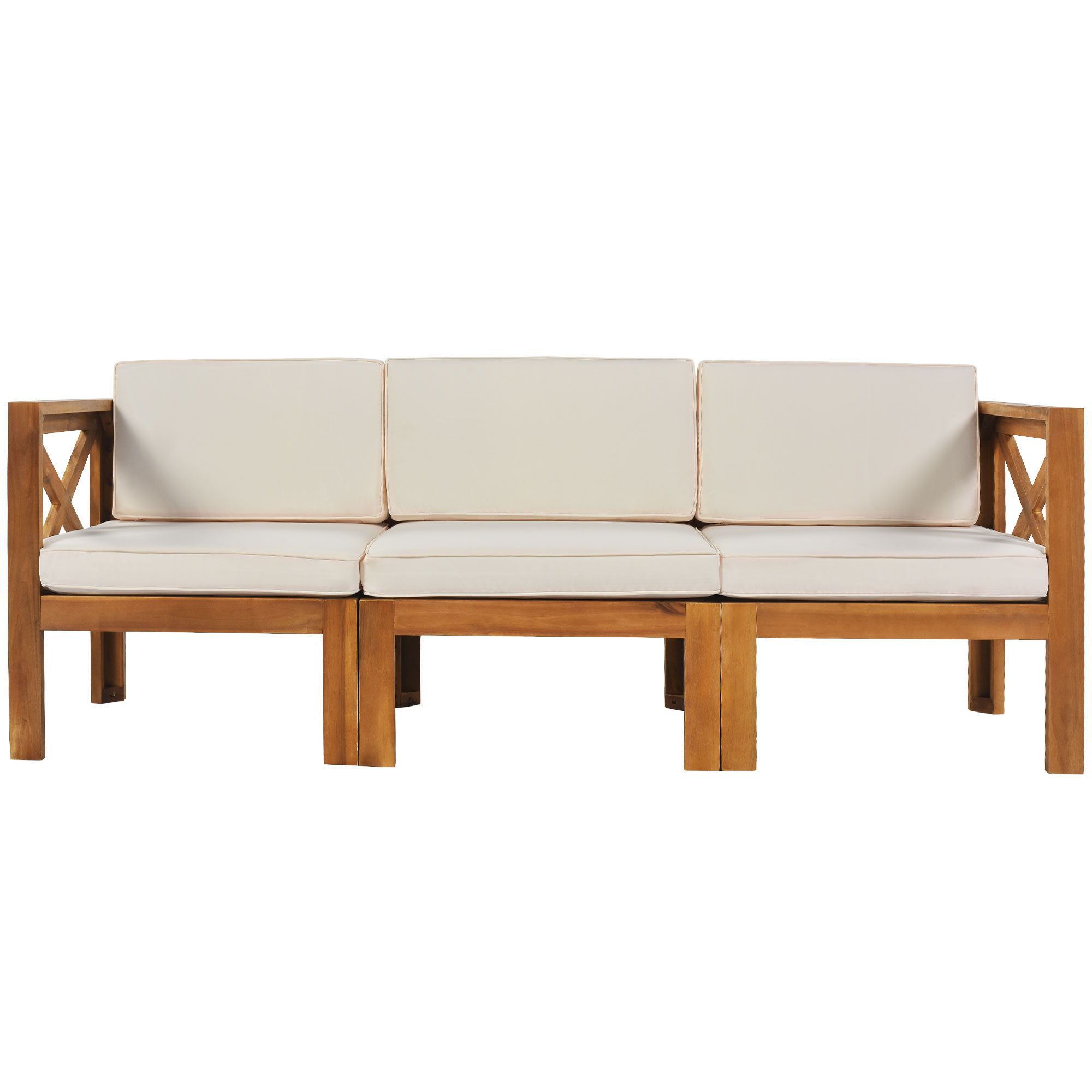 Outdoor Backyard Patio Wood 5-Piece Sectional Sofa Seating Group Set with Cushions, Natural Finish+ Beige Cushions