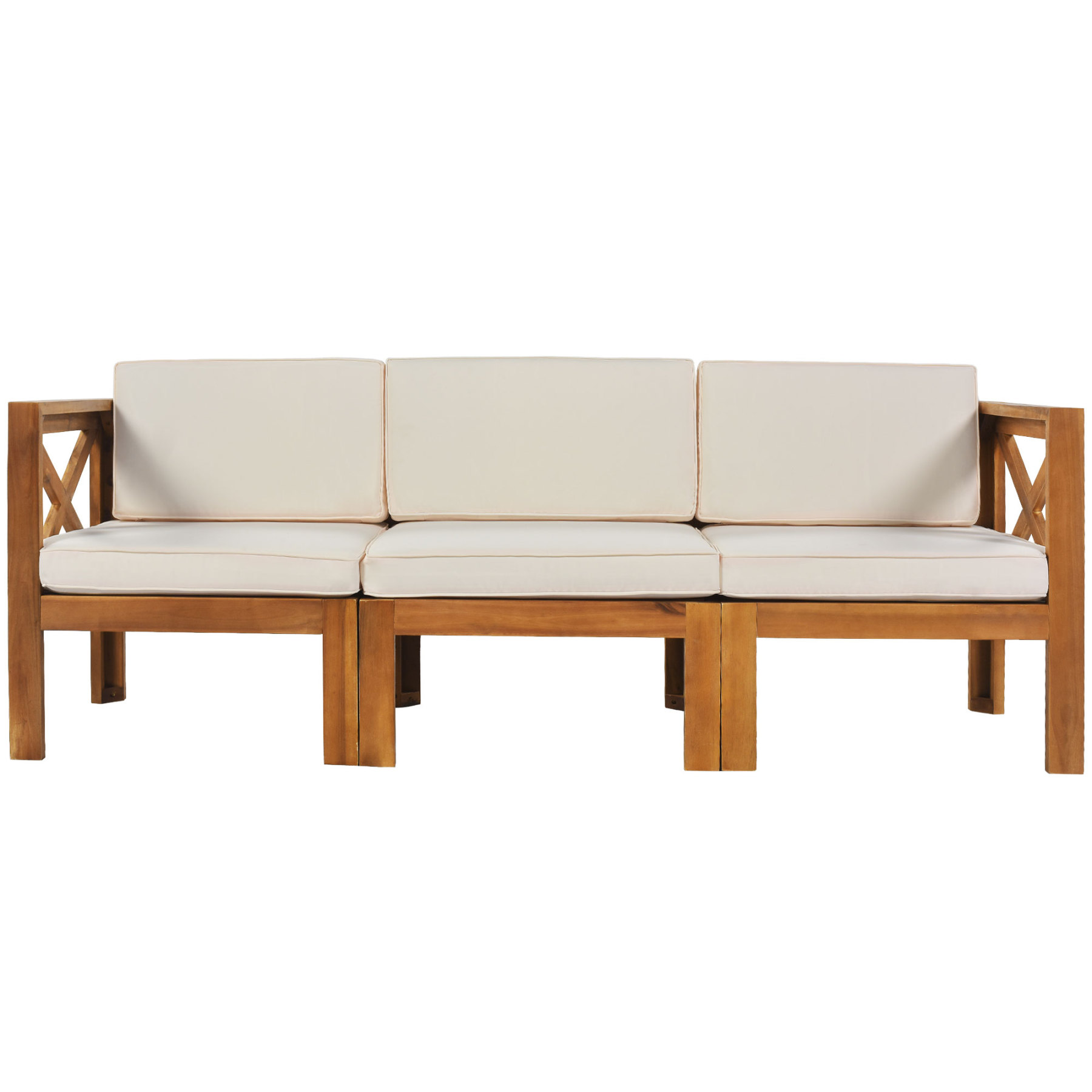 Outdoor Backyard Patio Wood 5-Piece Sectional Sofa Seating Group Set with Cushions, Natural Finish+ Beige Cushions