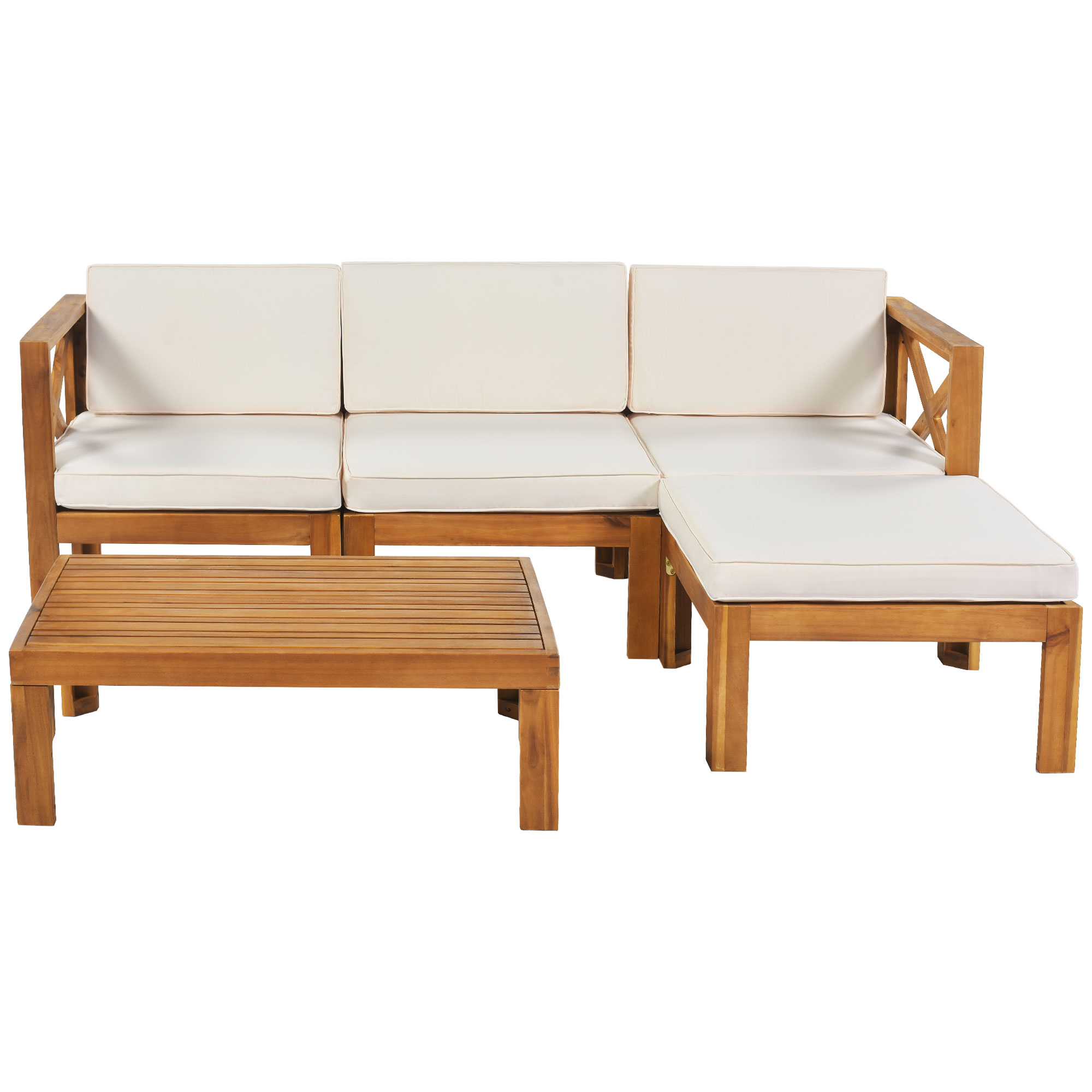 Outdoor Backyard Patio Wood 5-Piece Sectional Sofa Seating Group Set with Cushions, Natural Finish+ Beige Cushions