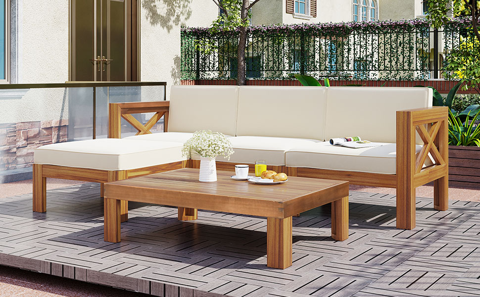 Outdoor Backyard Patio Wood 5-Piece Sectional Sofa Seating Group Set with Cushions, Natural Finish+ Beige Cushions