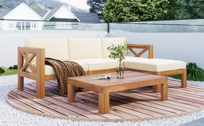 Outdoor Backyard Patio Wood 5-Piece Sectional Sofa Seating Group Set with Cushions, Natural Finish+ Beige Cushions