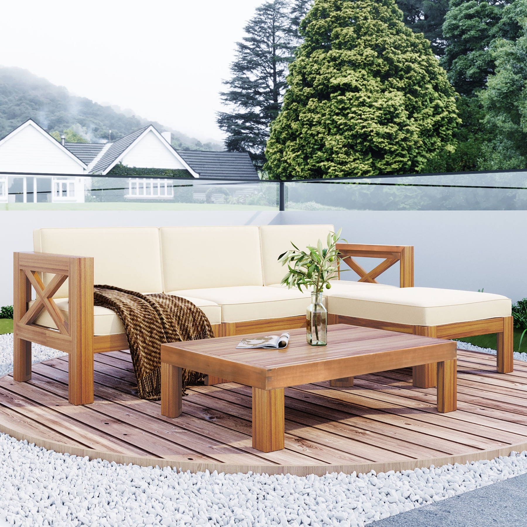 Outdoor Backyard Patio Wood 5-Piece Sectional Sofa Seating Group Set with Cushions, Natural Finish+ Beige Cushions