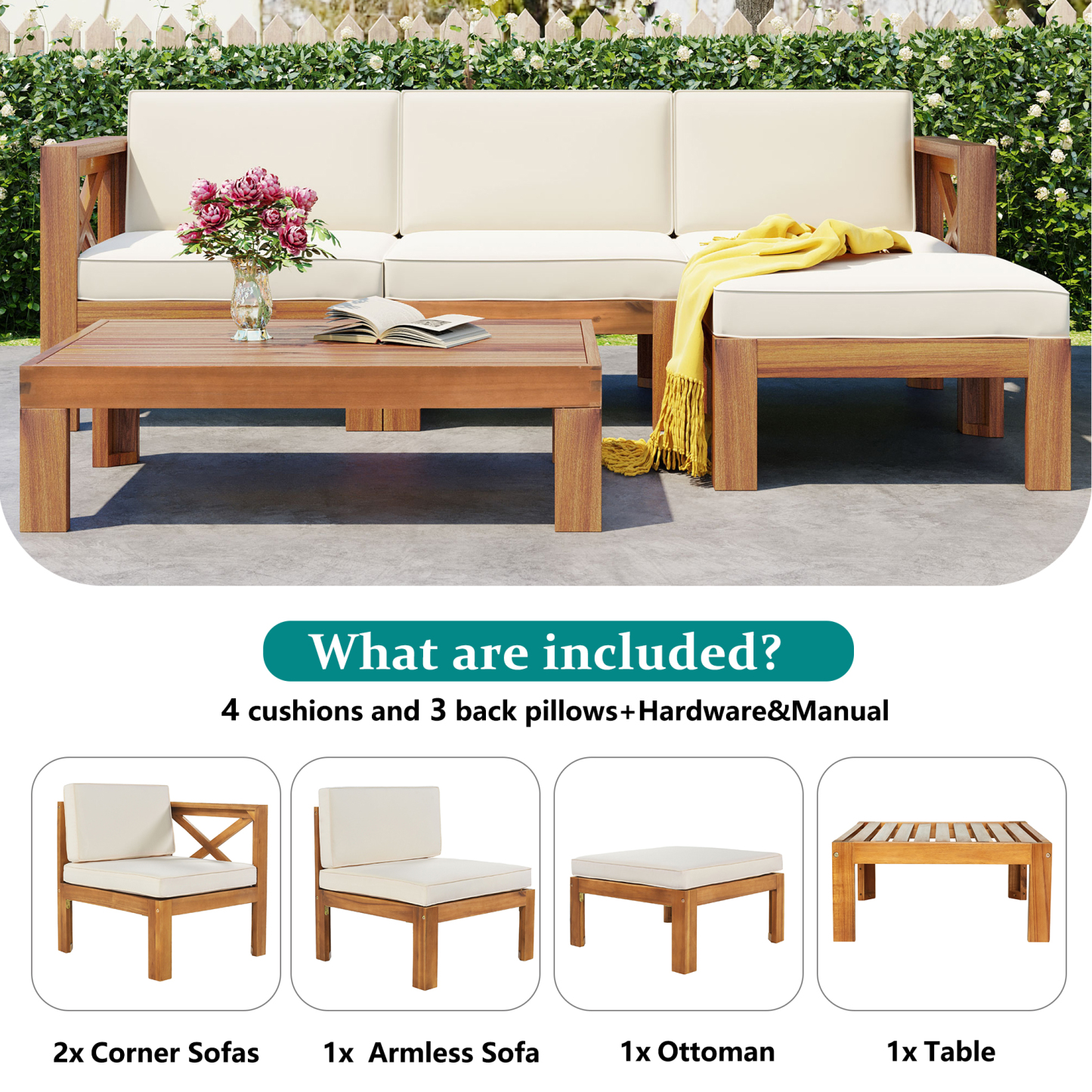 Outdoor Backyard Patio Wood 5-Piece Sectional Sofa Seating Group Set with Cushions, Natural Finish+ Beige Cushions