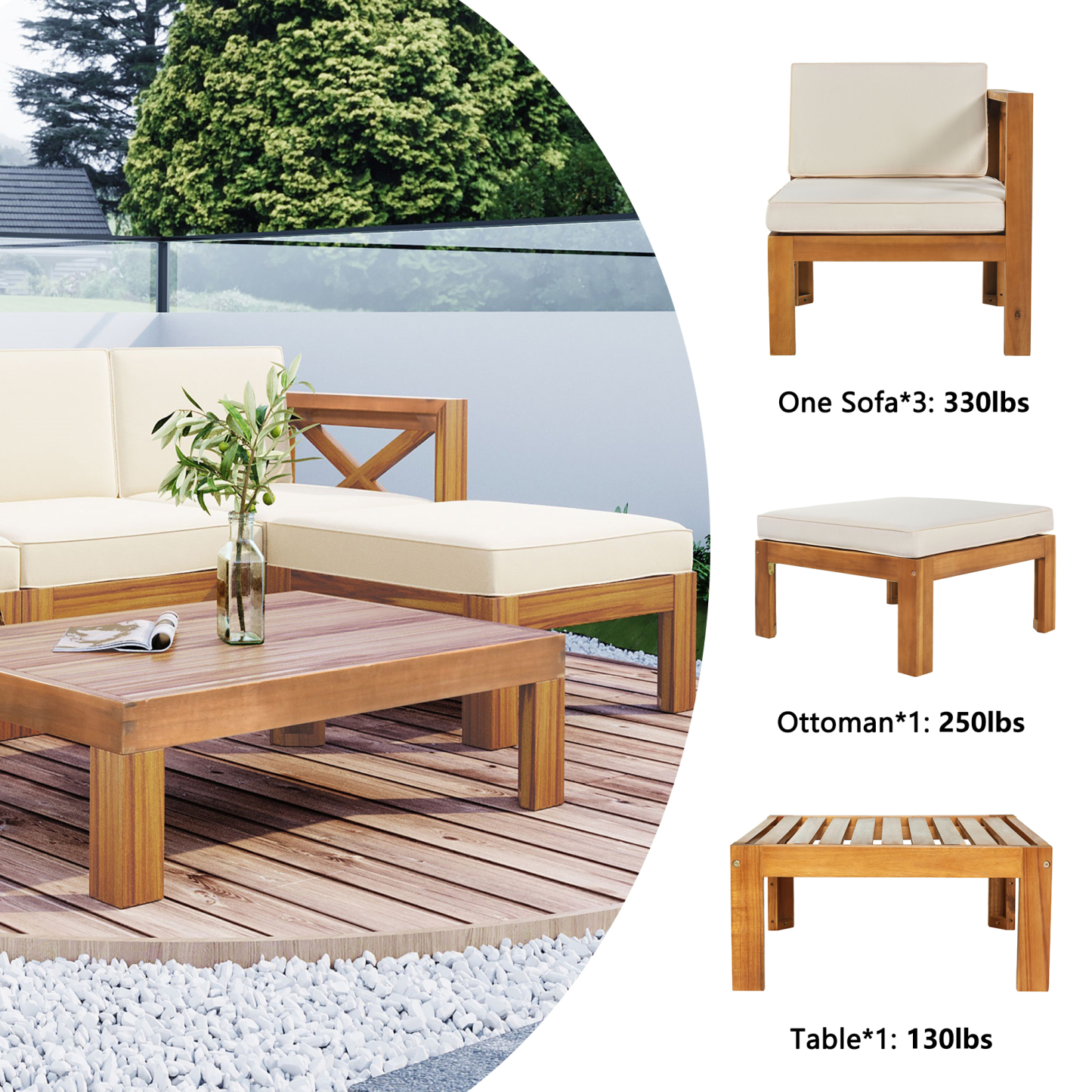 Outdoor Backyard Patio Wood 5-Piece Sectional Sofa Seating Group Set with Cushions, Natural Finish+ Beige Cushions